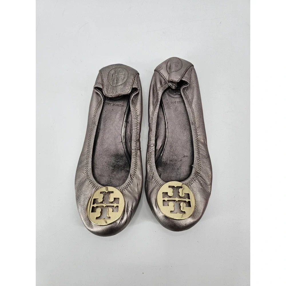Tory Burch Metallic Leather Ballet Flats‎ Gold Logo Shoes Size 37